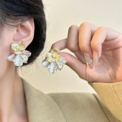 欧美金属感锆石褶皱立体肌理纹花朵拼色耳钉气质小众高级感耳环女