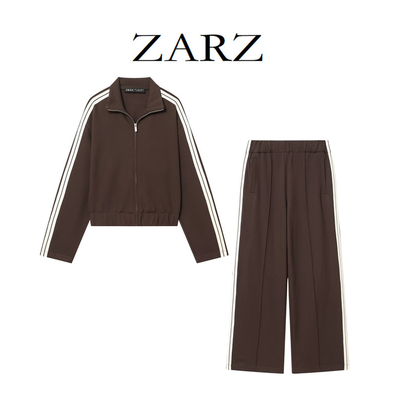 Zarz Self-Made European and American Style New Women's Clothing Striped Long-Sleeve Sweatshirt and Striped Wide-Leg Mid-Waist Sports Pants Zarz Self-Made European and American Style New Women's Clothing Striped Long-Sleeve Sweatshirt and Striped Wide-Leg Mid-Waist Sports Pants