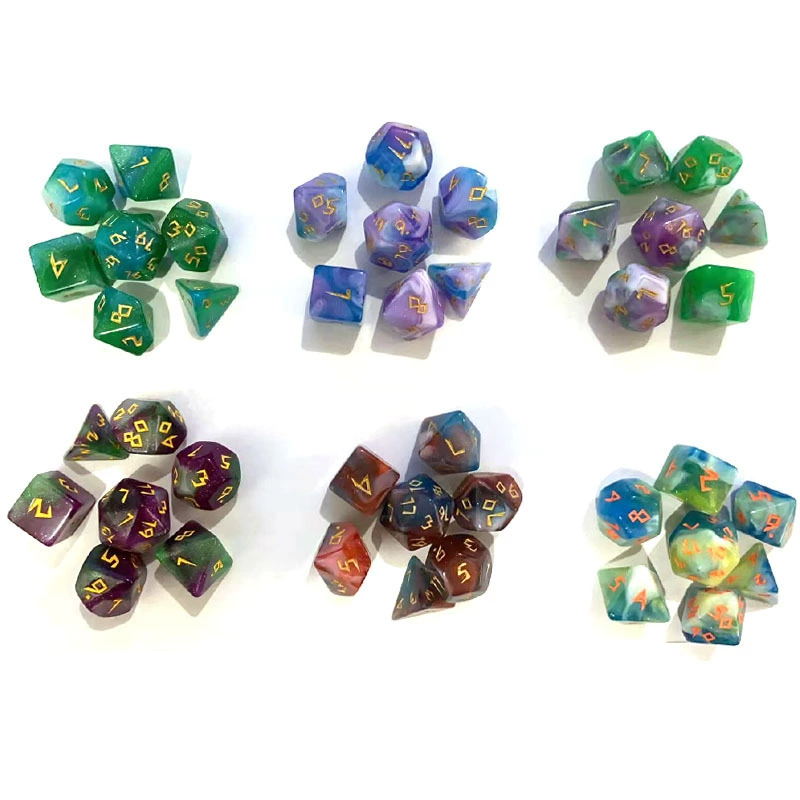 7‑piece polyhedral dice set, tricolor chameleon finish, standard DnD kit (d20–d4), multi‑color