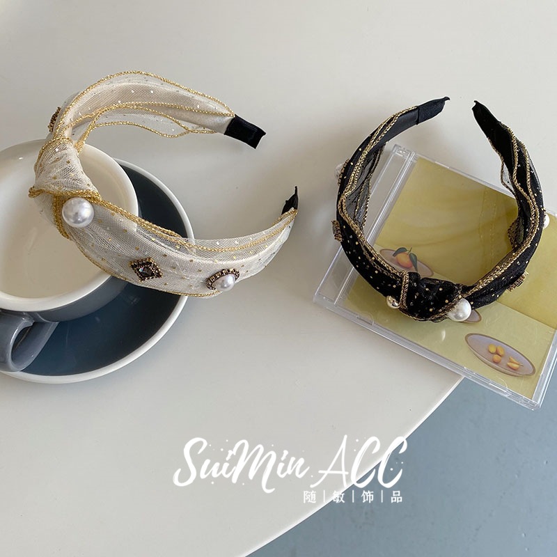 Estilo coreano retro bronceado diadema anudada malla diamante incrustado diadema de ala ancha Retro lavado de cara Paquete de cabello grutas de cabello accesorios para el cabello
