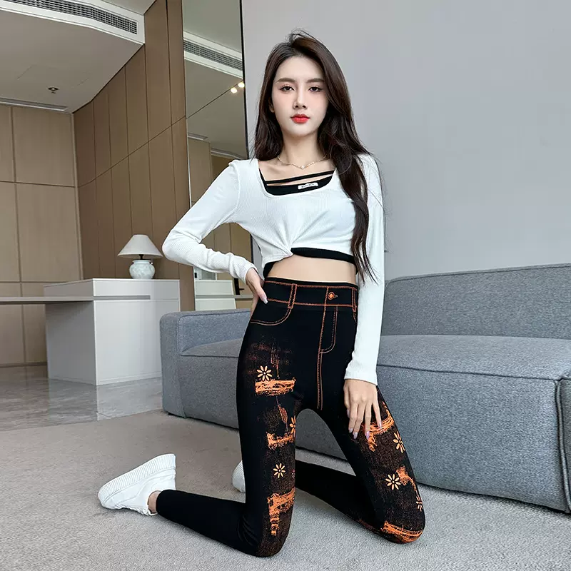 新款仿牛仔修身打底裤 外穿弹力高腰鲨鱼裤 收腹提臀显瘦女士裤子