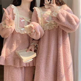 韩国冬季新款甜美公主风珊瑚绒保暖睡衣女宽松毛毛睡裙家居服套装
