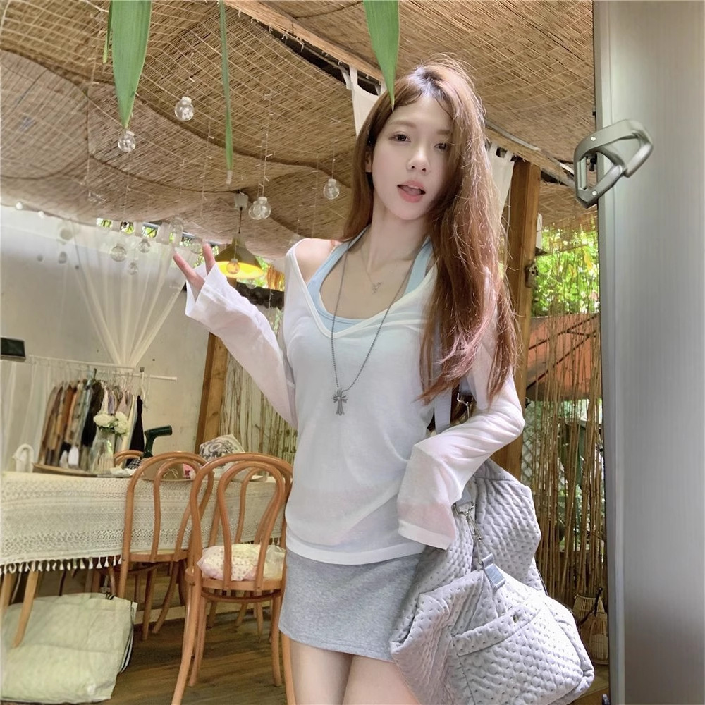신선한 나이를 줄이는 달콤한 스타일 선 스크린 블라우스 여름 V-넥 캐주얼 올 매치 투피스 세트 슬림 핏 슬리밍 탑 여성용