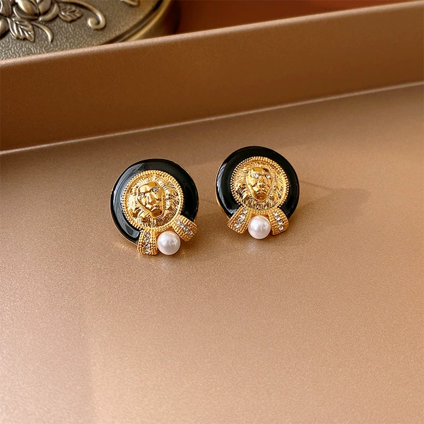 102#silver needle medium inlaid diamond pearl drip oil round earrings
