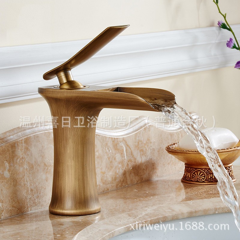 All-copper white and gold antique waterfall basin, cold and hot water faucet, retro bathroom basin, sitting single-hole mixed water undefined