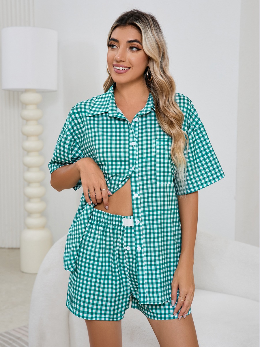 Women Casual Comfortable High Waist Loose Wide Legs Retro Plaid Shorts Checked Shirt Women