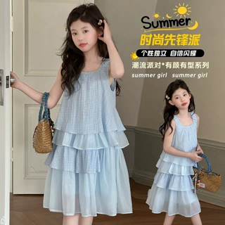 女童格子连衣裙夏季2026新款儿童超好看洋气时髦韩系女大童蛋糕裙