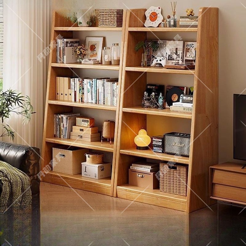 Solid Wood Bookshelf Ladder Storage Rack for Children Against the Wall Home Floor-To-Ceiling Living Room Integrated Simple Storage Cabinet Bookcase