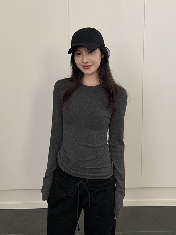 辣妹正肩上衣2025秋冬新款纯色掐腰显身材百搭长袖T恤女装打底衫|undefined