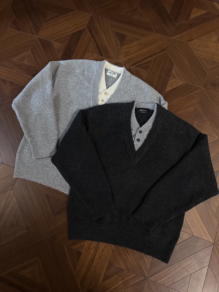 Heavyweight faux two-piece collar knit sweater for women and men, autumn retro casual sweater, old money style base layer