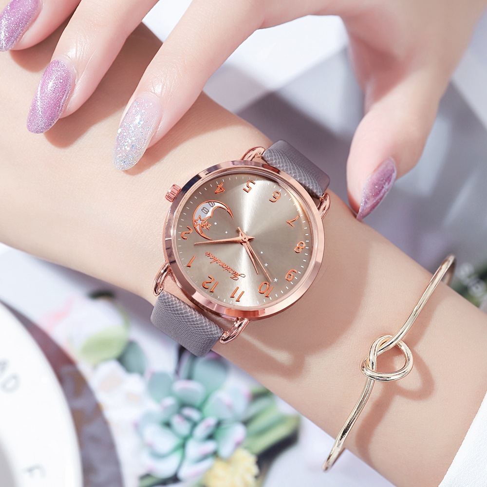 Orologio da studente in oro rosa con cinturino minimalista da donna con motivo stella lunare, nuovo prodotto caldo e alla moda 2024_voghion.com