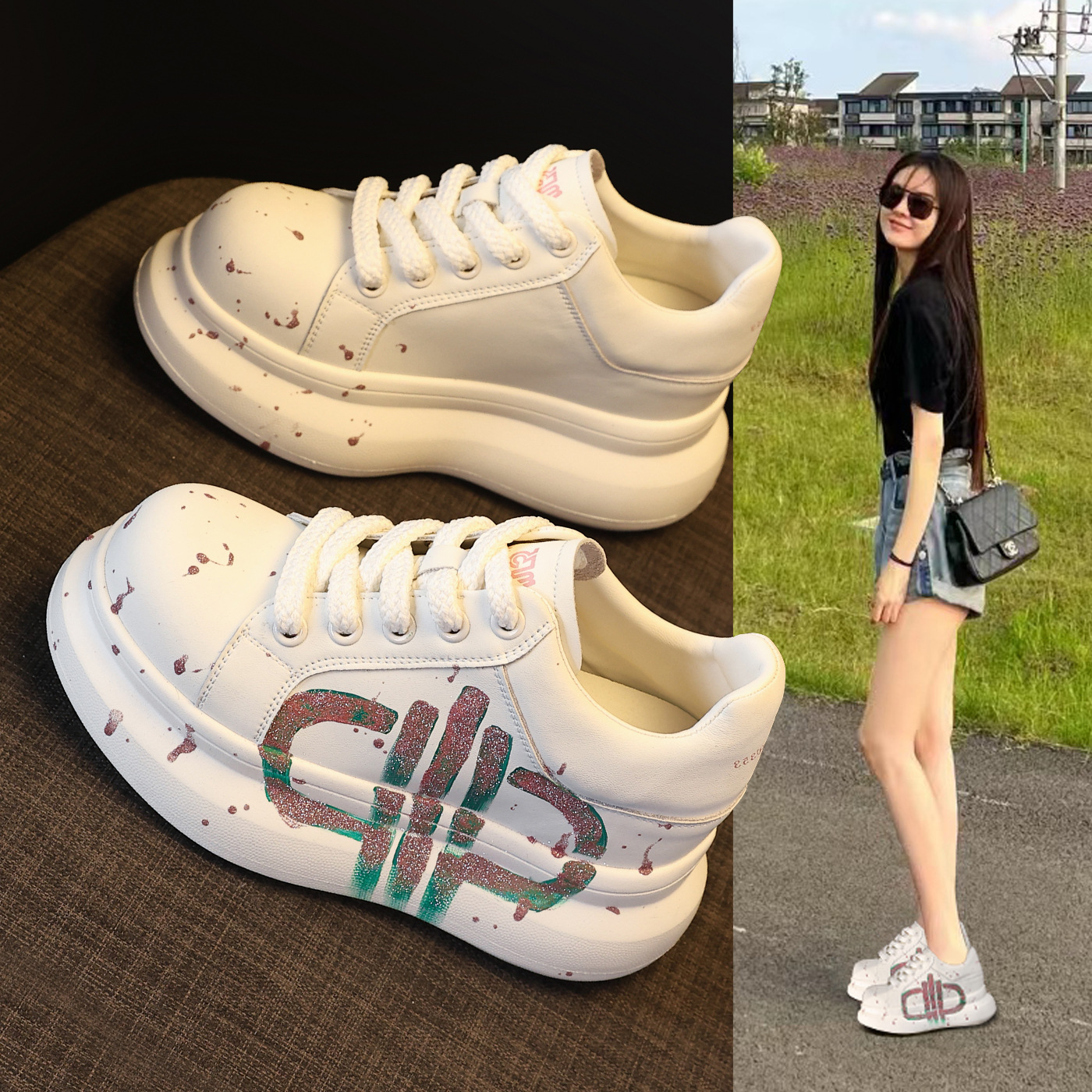 Giày sneaker nữ đế dày tăng chiều cao phong cách graffiti trắng hồng — Trắng hồng