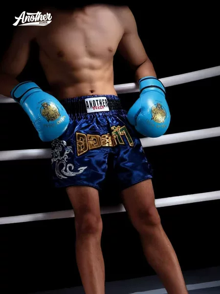 Anotherboxer Navy Blue Muay Thai Shorts with Leopard Head Embroidery, Boxing Shorts for Men, Women, and Children