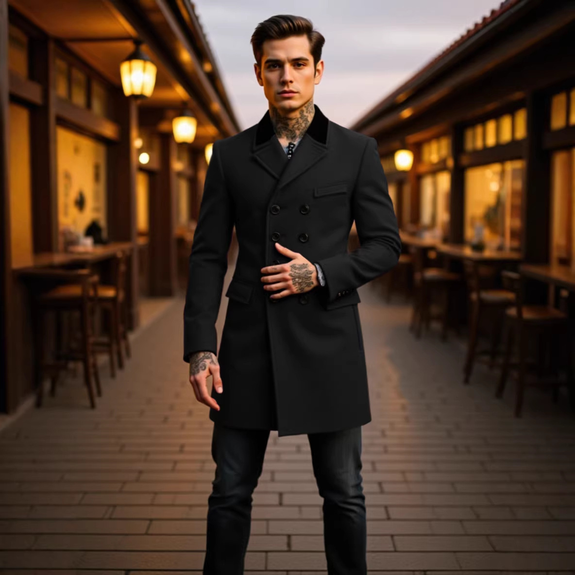 2026 European and American Autumn and Winter Color-Blocked Woolen Coat for Men, Cross-Border Thickened Dragon and Phoenix Woolen Trench Coat with Double-Breasted Buttons