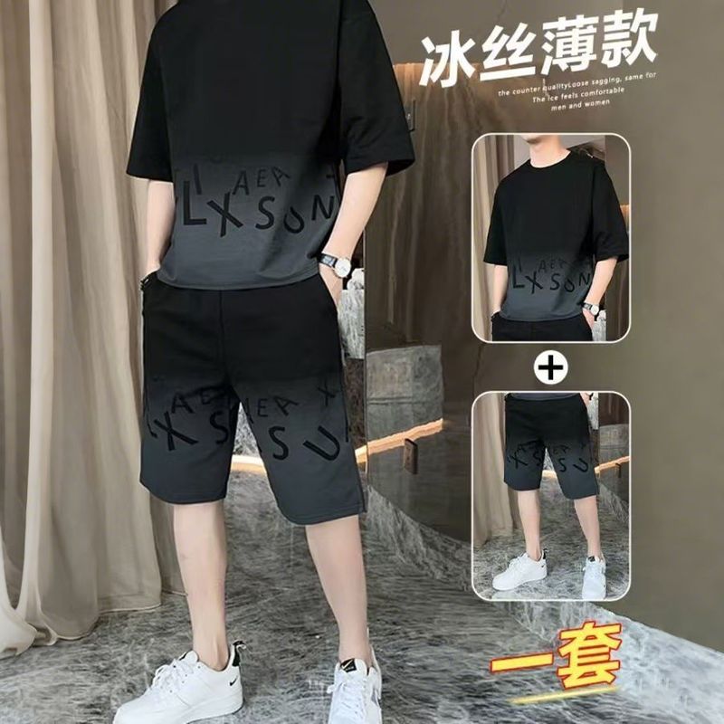 メンズ夏用アイスシルク薄手速乾服、半袖Tシャツ、ショートパンツ、カジュアルスポーツウェア、ハンサムな衣装のセット|undefined