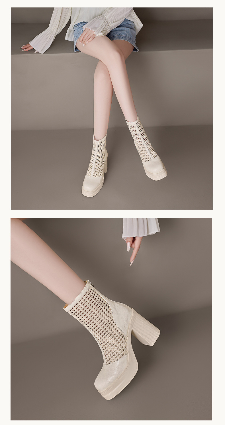 Boot lưới nữ da thật cổ thấp gót vuông 9 cm đi hè — màu đen, màu trắng ngà chi tiết 5