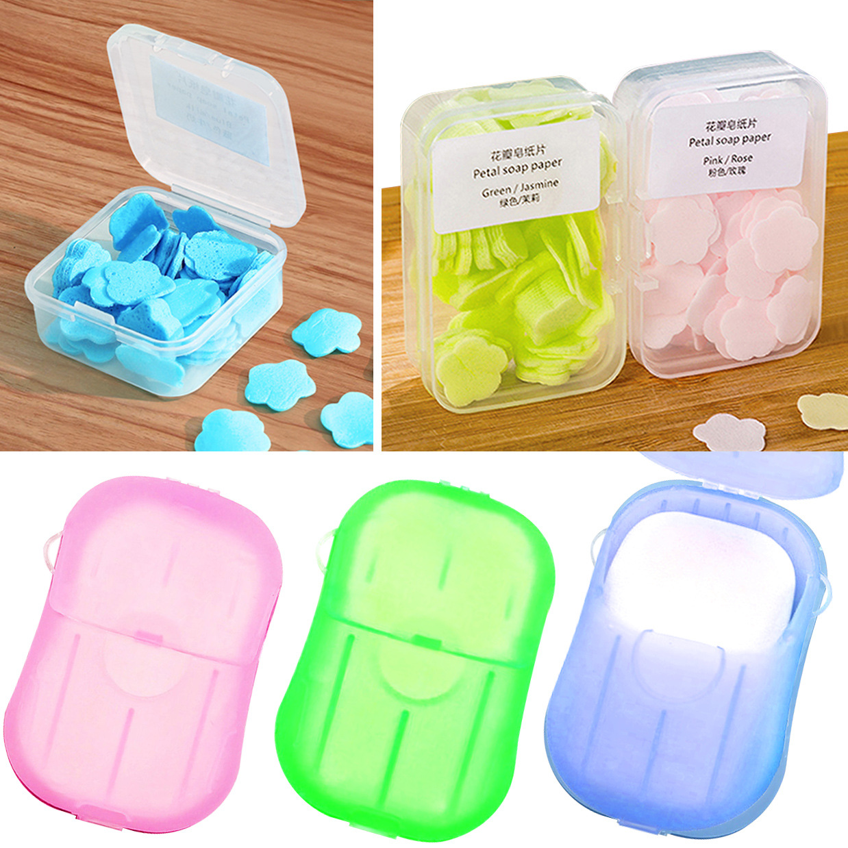 Viaje al aire libre pieza de jabón desechable papel de jabón en caja portátil pieza de lavado de manos pequeña pieza de jabón mini papel de jabón