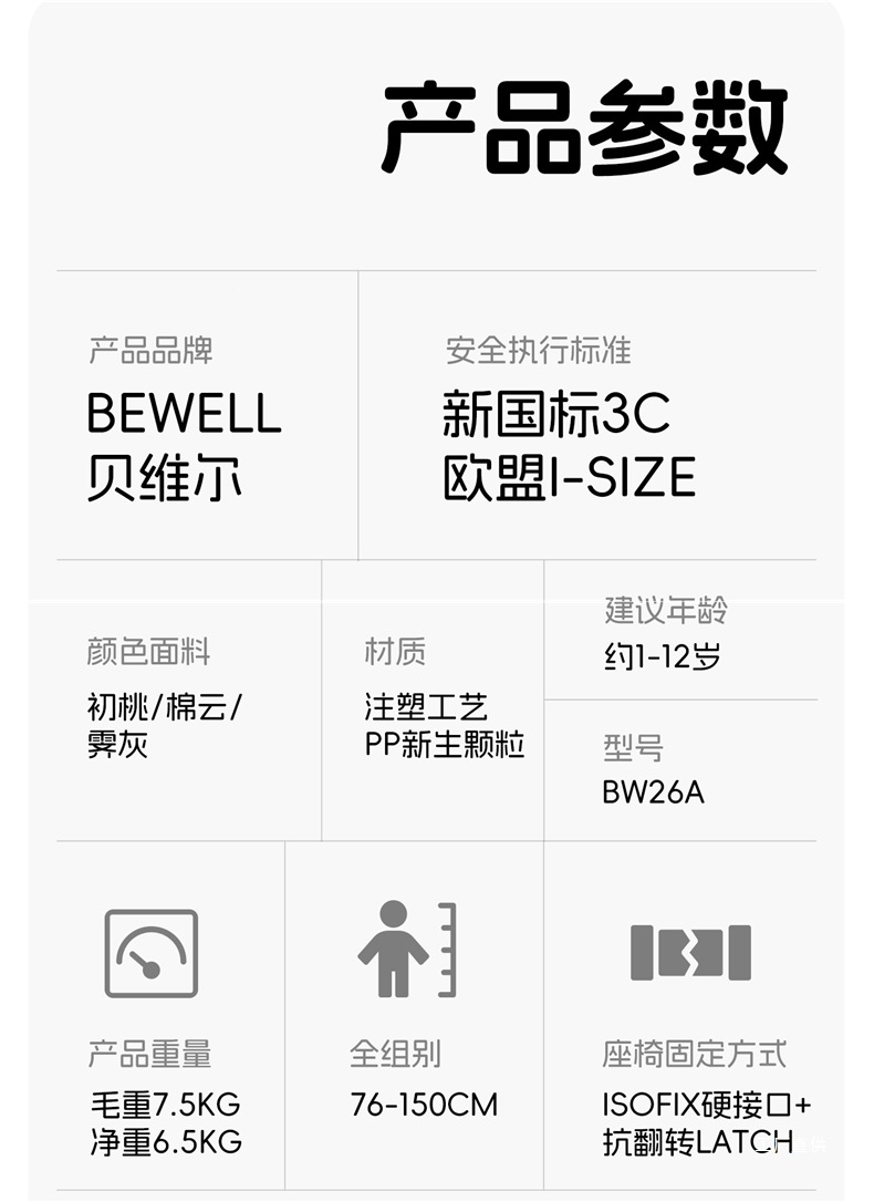 Bewell Portable Child Safety Seat for Cars, Suitable for Ages 1-12, Easy-To-Install Car Seat for Older Children