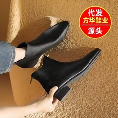 2025新款秋冬季软皮马丁靴尖头低粗跟单靴法式复古风短靴女