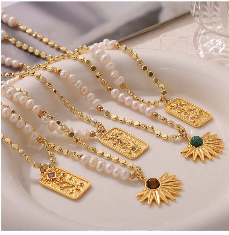 欧美新款时尚轻奢风天然虎眼石吊坠淡水珍珠串珠铜材质项链饰品详情11