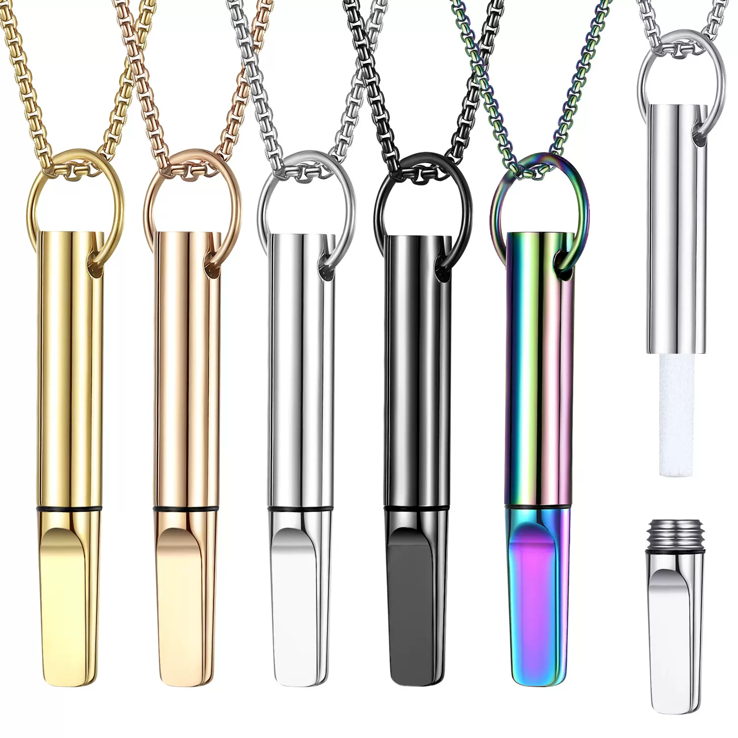 新品现货亚马逊螺纹扭牙不锈钢冥想正念吊坠项链钛钢口哨调节呼吸