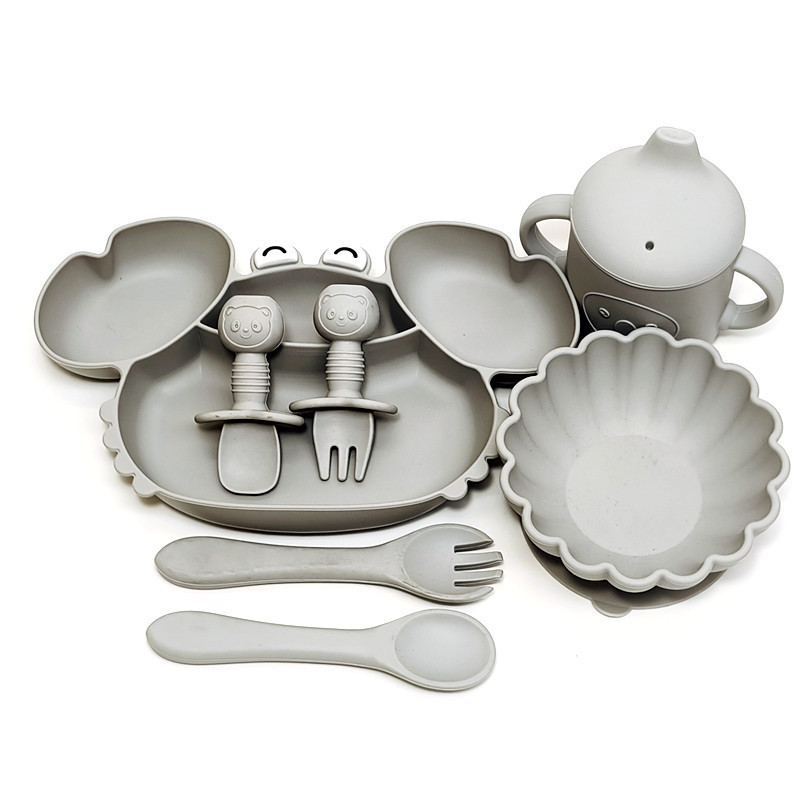 Plato de comedor para bebés tipo ventosa para bebés cubiertos para niños tazón especial para comer cucharas tazas conjunto completo de plato de partición de silicona tazón de alimentos suplementarios
