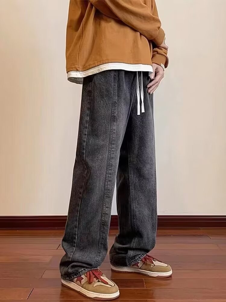 2024 primavera y otoño pantalones vaqueros de cintura elástica todo fósforo para hombres, pantalones de pierna ancha rectos sueltos para adolescentes de la calle principal