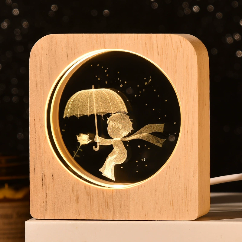 [跨境星球小夜灯3D图案内雕发光水晶桌面摆件木质底座景观节日礼物]
