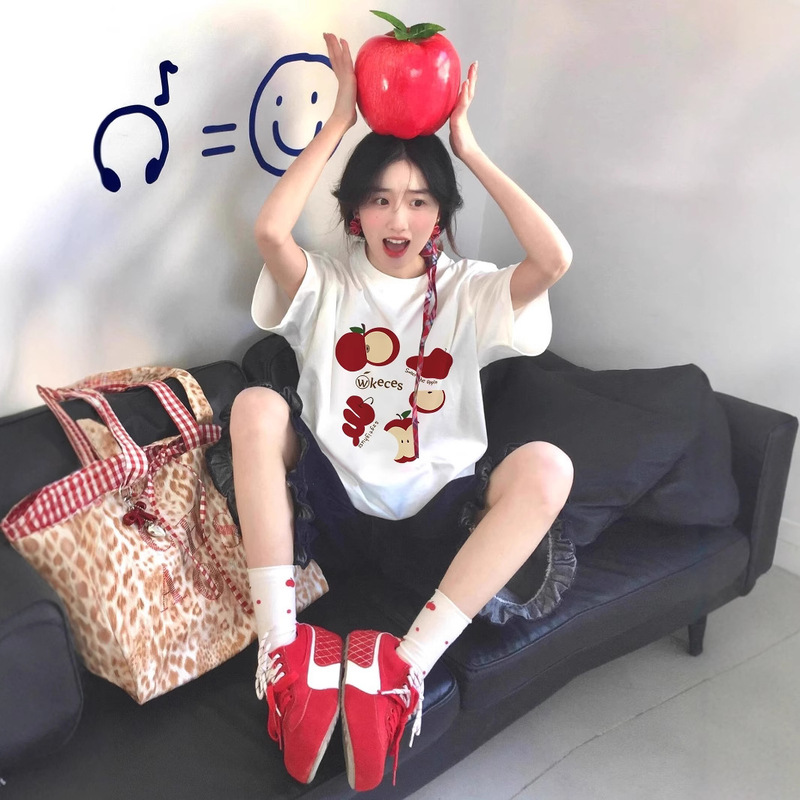 Fat mm Red Apple Pure Cotton Extra Large Size Short-Sleeved T-Shirt Women's New Loose Summer Half-Sleeved Design Top Trendy