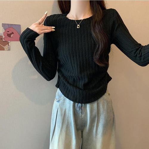 Languid Style Long-Sleeve T-Shirt, Inner Wear for a Slimming and Elegant Look, Pleated Design, Cinched Waist for a Slimming and Concealing Effect, Base Layer Top for a Trendy Look