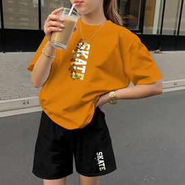跨境女童夏季潮酷滑板 SKATE 字母印花索罗娜面料短袖短裤两件套