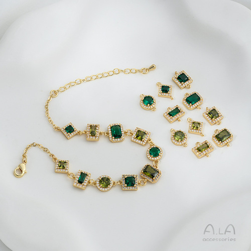 Polished 14K Gold-Plated Emerald Green Zircon Geometric Double Pendant DIY Handmade Jewelry Accessories