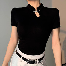 黑色正肩短袖t恤女夏季2023新款设计感小众改良旗袍中式国风上衣