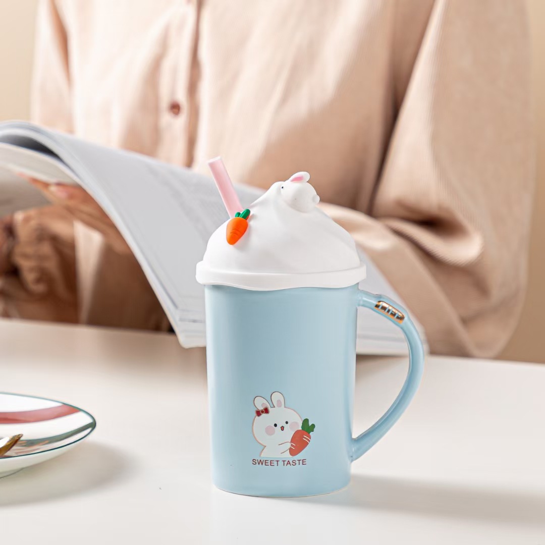 Estilo coreano regalo personalizado lindo conejo de dibujos animados taza paja color caramelo cerámica café Oficina del estudiante