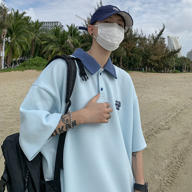 Falso dos piezas Polo camisa de manga corta de los hombres camiseta de verano de moda retro estilo americano de la Universidad suelta solapa camiseta media manga