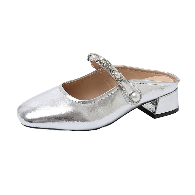 Zapatos de mujer hechos a mano de todo fósforo temperamento puntera plateada con falda verano elegante cabeza cuadrada con muller medio arrastre mujer