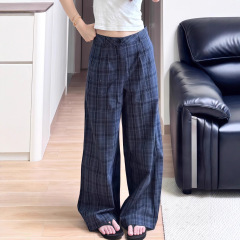 2025美式蓝色撞色格子宽松直筒男女复古休闲裤春夏秋遛弯慵懒百搭