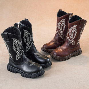 Girls' Boots Autumn and Winter 2025 New Western Cowboy Boots Retro Embroidered High Boots Medium and Large Kidsren's Boots