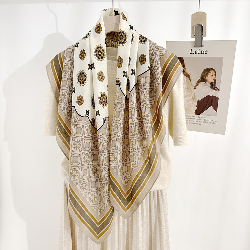 Pañuelo de seda con estampado floral geométrico para mujer de moda de primavera y verano