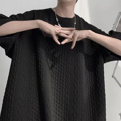 Men's Harajuku Style Short Sleeve T-Shirt, Hong Kong-Inspired Retro Fashion, Five-Button Sleeve T-Shirt, Instagram-Korean Version Trendy Loose Top