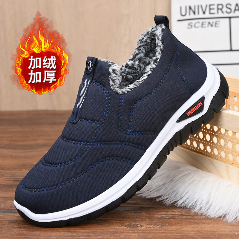 Giày vải bạt nam cổ thấp lót nhung giữ ấm, giày đi bộ đế bằng chống trượt — D09 nam cotton-màu xanh, D09 nam cotton-đen