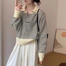 2025秋冬新款条纹套头针织衫女装内穿外搭宽松慵懒撞色翻领毛衣女