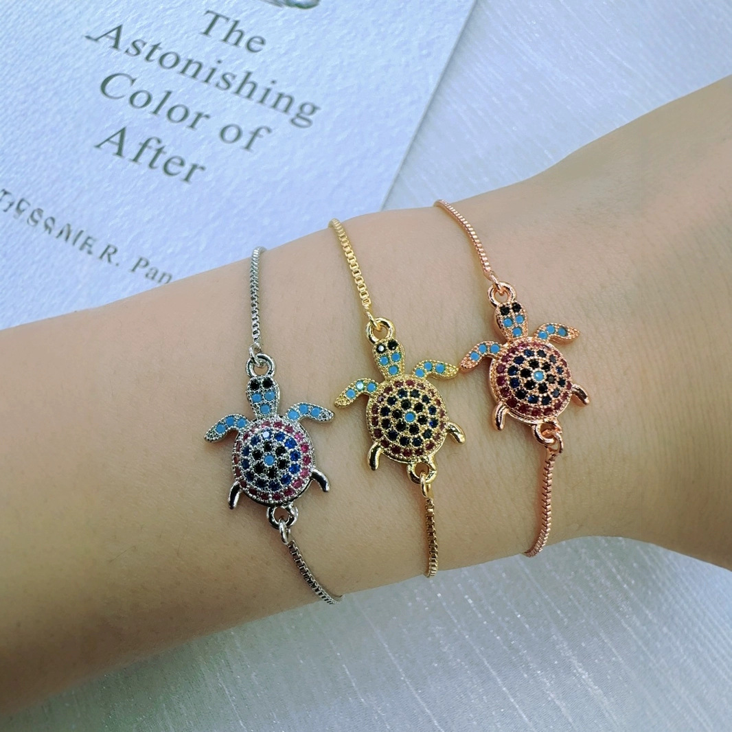 New Hot-Selling Copper Micro-Inlaid Turtle Bracelet, Personalized and Versatile, Colorful Zircon Turtle Box Chain for Men and Women