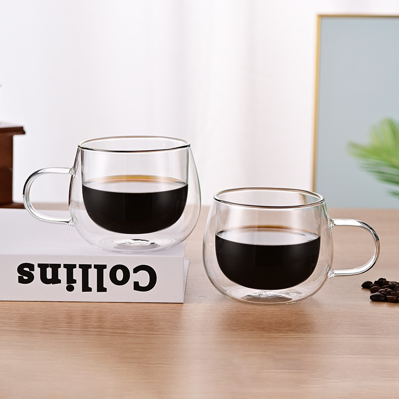Taza de café doble capa de vidrio de borosilicato con asa, resistente al calor, diseño premium para exportación