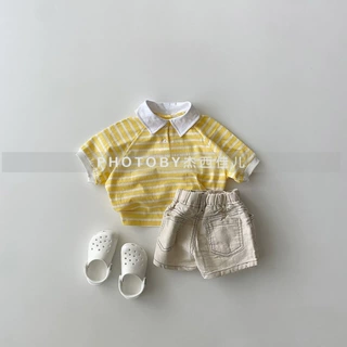 儿童条纹套装夏季新品男童简约帅气翻驳领衬衫女童短裤韩版两件套