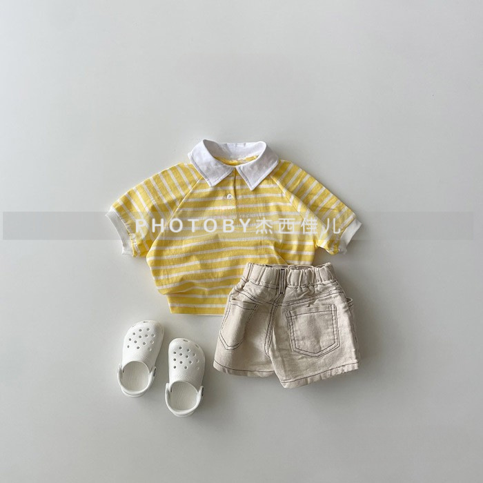 Children's Striped suit Summer New Boys' Simple Handsome Flip Collar Shirt Girls' Shorts Korean Two-piece Set