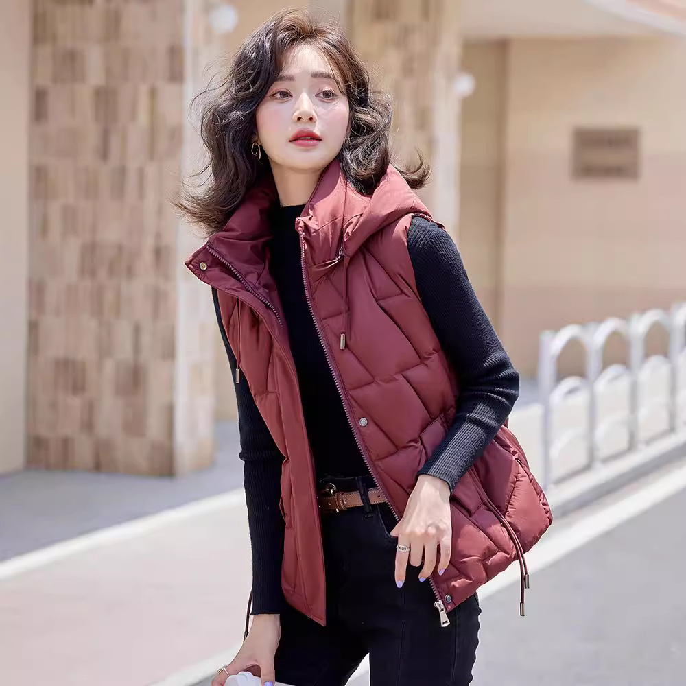 Chaleco de algodón de pluma para mujeres otoño y invierno 2024 nuevo estilo coreano con hombro encapuchado corto clip de caballo de algodón universal chaleco de abrigo