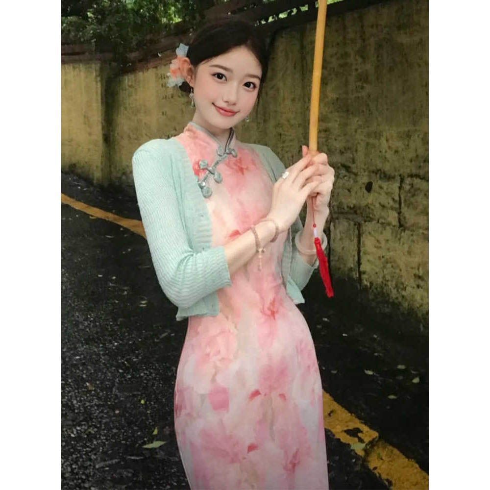Chinese Style New Chinese Style Unique and Beautiful Smudged Floral Dress with Gentle Elegant and High-End Pinch Waist Improved Cheongsam Dress