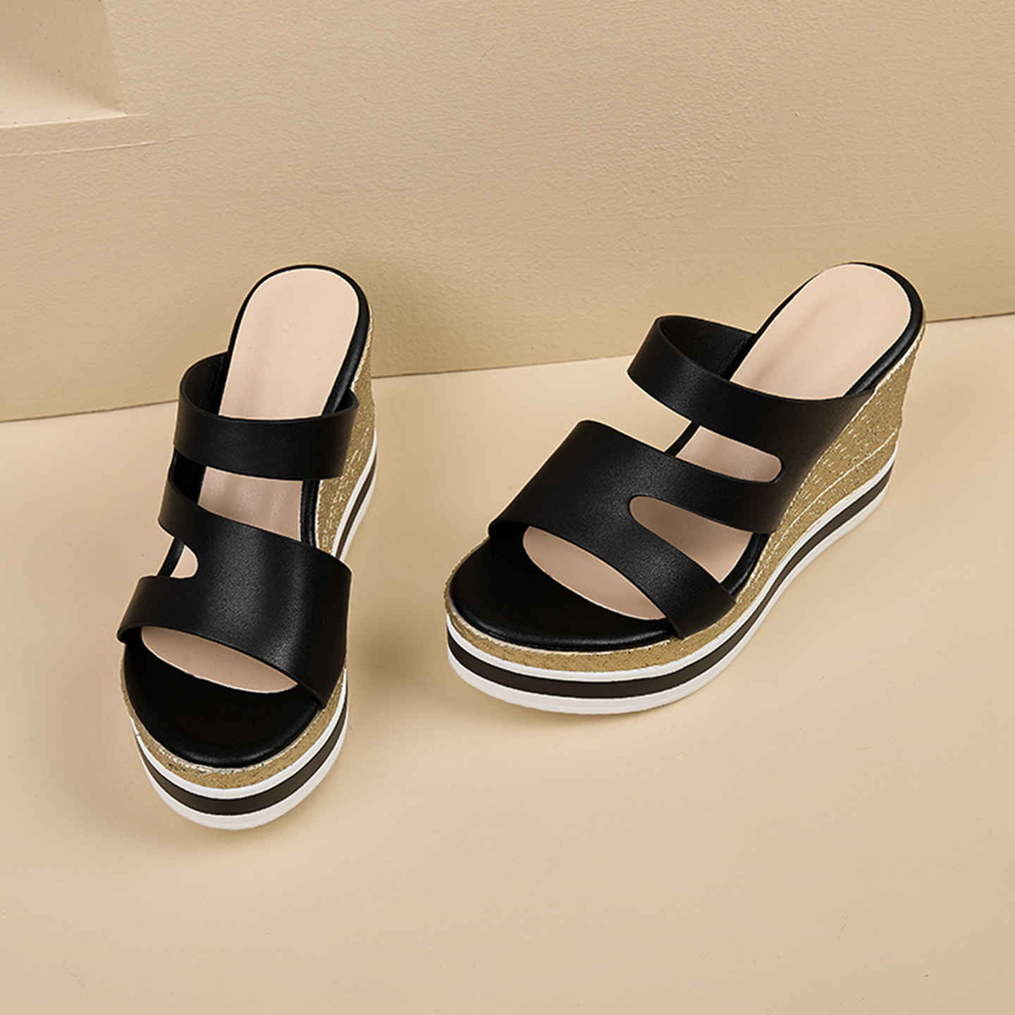 Sandal cao gót nữ hở mũi đế xuồng 10 cm — đen