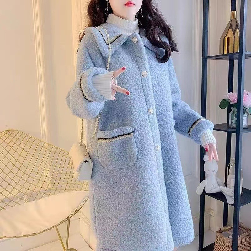 chubby girl Autumn and Winter Thickened New Korean Style Mid-length Lambswool Coat Women's All-match Woolen Coat Trendy for Petite
